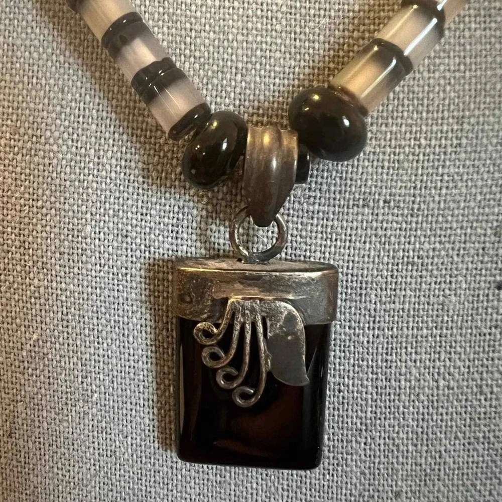 Handcrafted‎ Beaded Necklace Black Onyx Style Pendant Toggle Clasp Artisan Boho